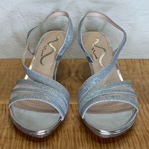 N by Nina Nelda Silver Glitter Slingback Platform Heel Dress Sandals size 8.5
